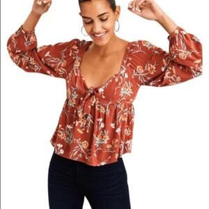 American Eagle Front Tie Floral Boho Babydoll Long Sleeve Top